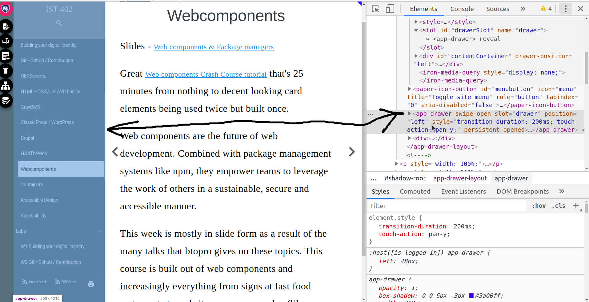 screen shot of this page showing that the left hand menu is a web component called app-drawer.